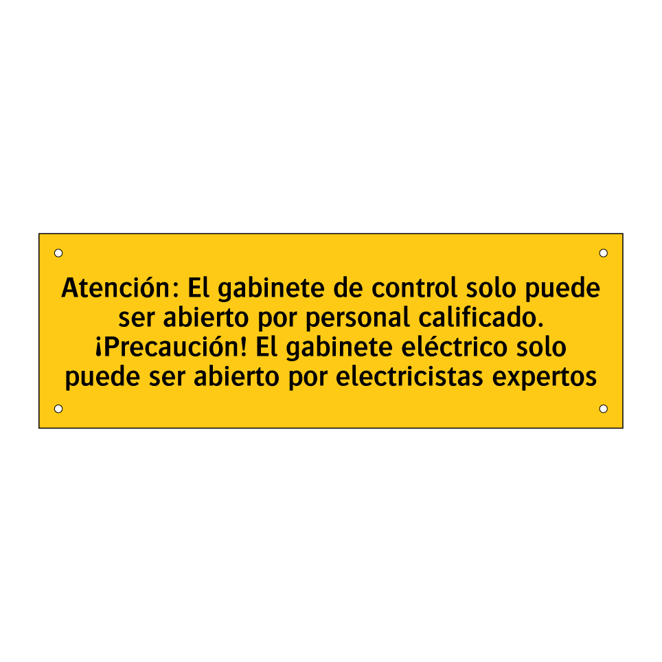 Atención: El gabinete de control solo puede ser abierto por personal calificado. ¡Precaución! El gabinete eléctrico solo puede ser abierto por electricistas expertos
