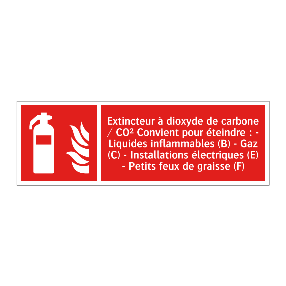 Extincteur à dioxyde de carbone / CO² Convient pour éteindre : - Liquides inflammables (B) - Gaz (C) - Installations électriques (E) - Petits feux de graisse (F)