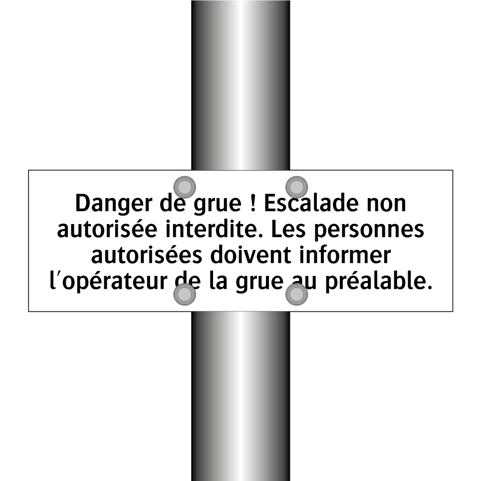 Danger de grue ! Escalade non autorisée interdite. Les personnes autorisées doivent informer l'opérateur de la grue au préalable.