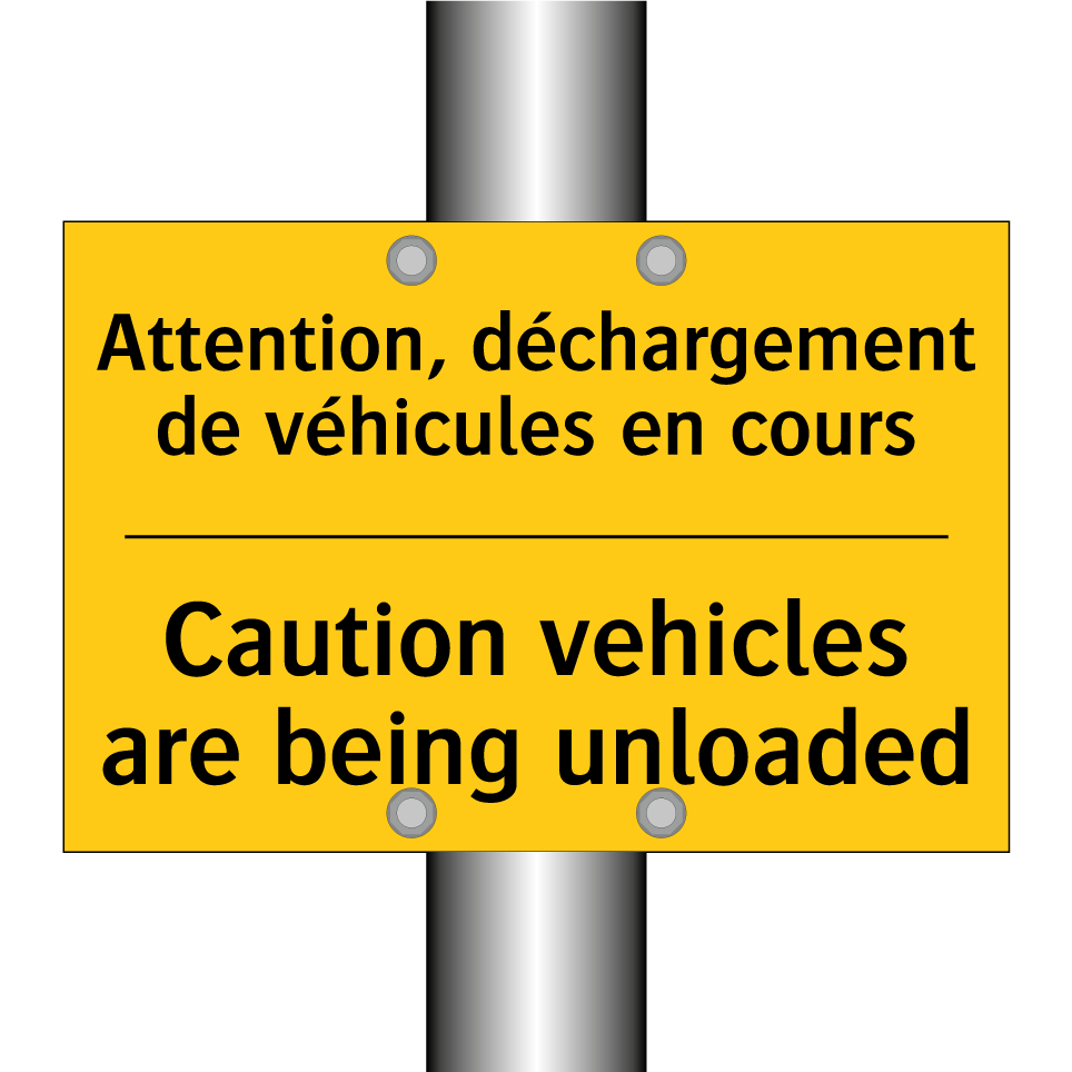 Attention, déchargement de véhicules /.../ - Caution vehicles are being unloaded /.../