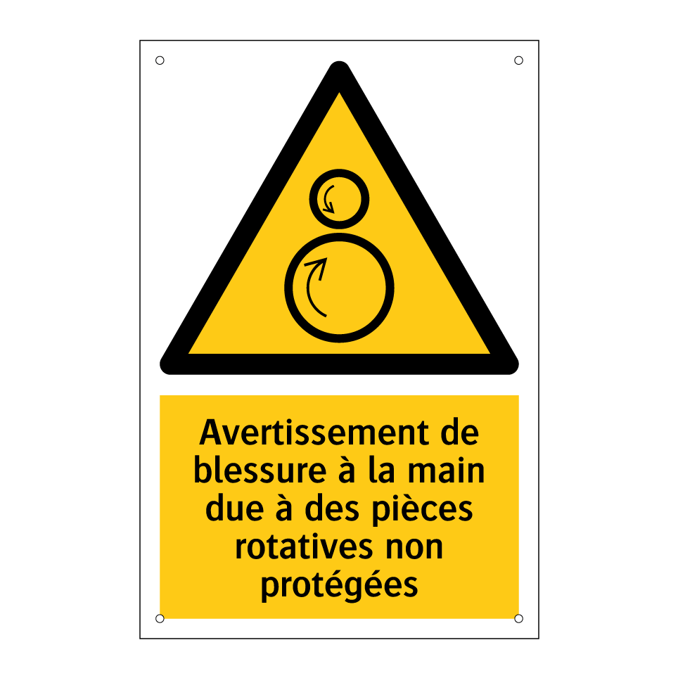 Avertissement de blessure à la main due à des pièces rotatives non protégées