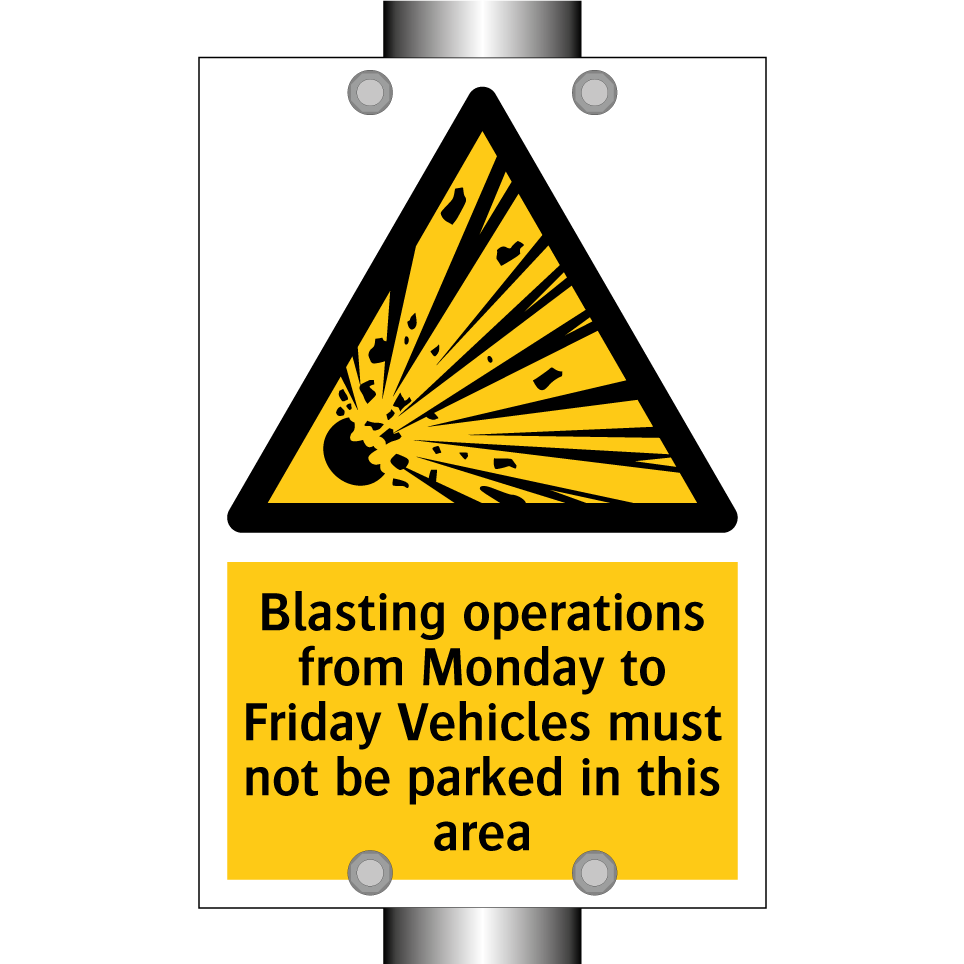 Blasting operations from Monday to Friday Vehicles must not be parked in this area