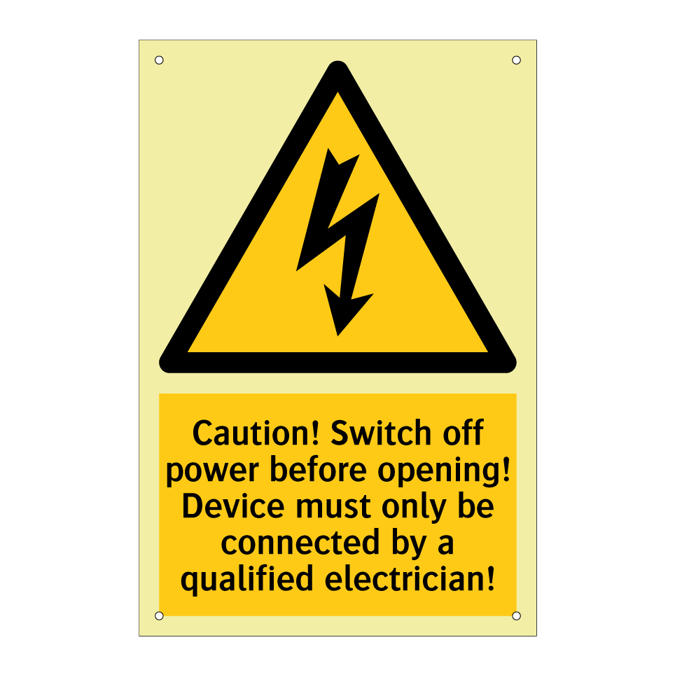 Caution! Switch off power before opening! Device must only be connected by a qualified electrician!