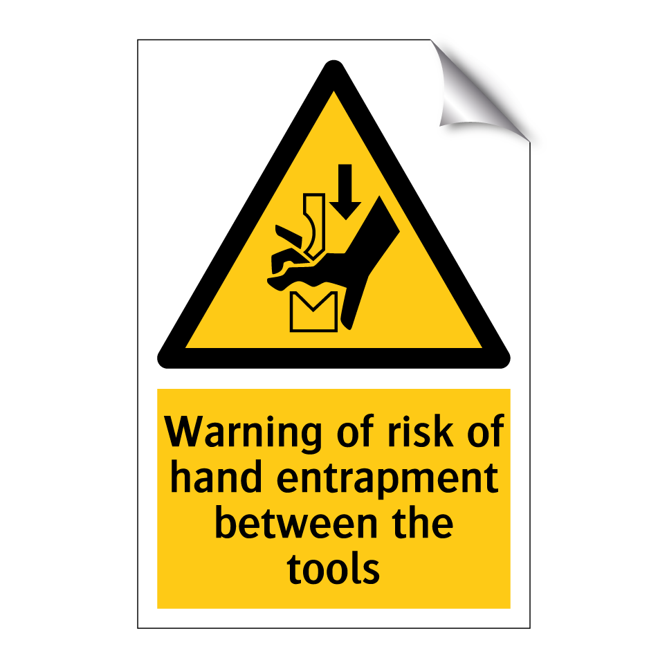 Warning of risk of hand entrapment between the tools