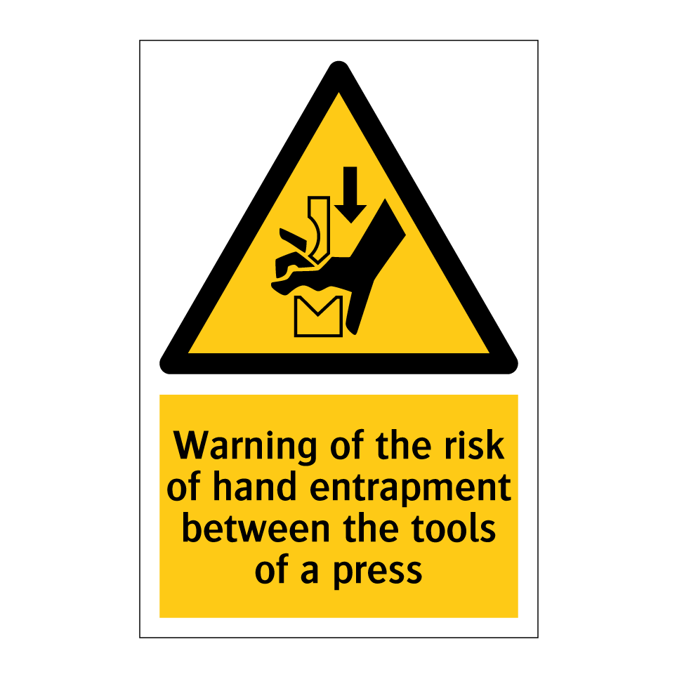 Warning of the risk of hand entrapment between the tools of a press