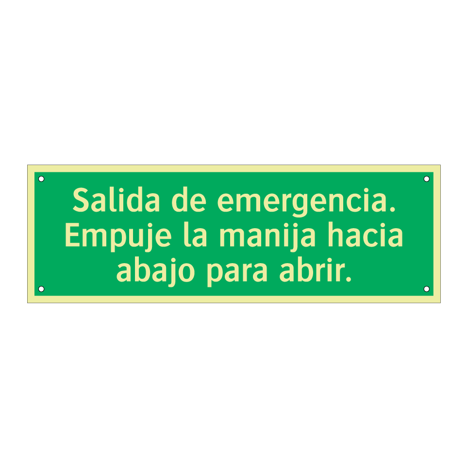 Salida de emergencia. Empuje la manija hacia abajo para abrir.