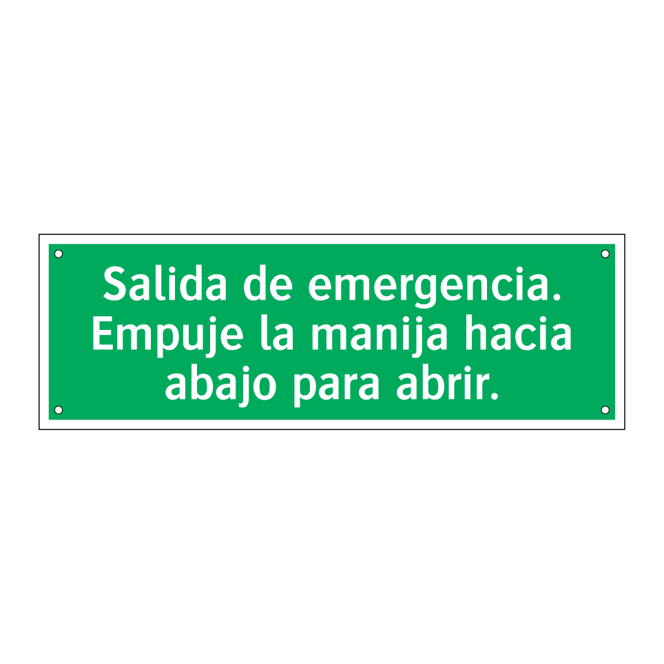 Salida de emergencia. Empuje la manija hacia abajo para abrir.