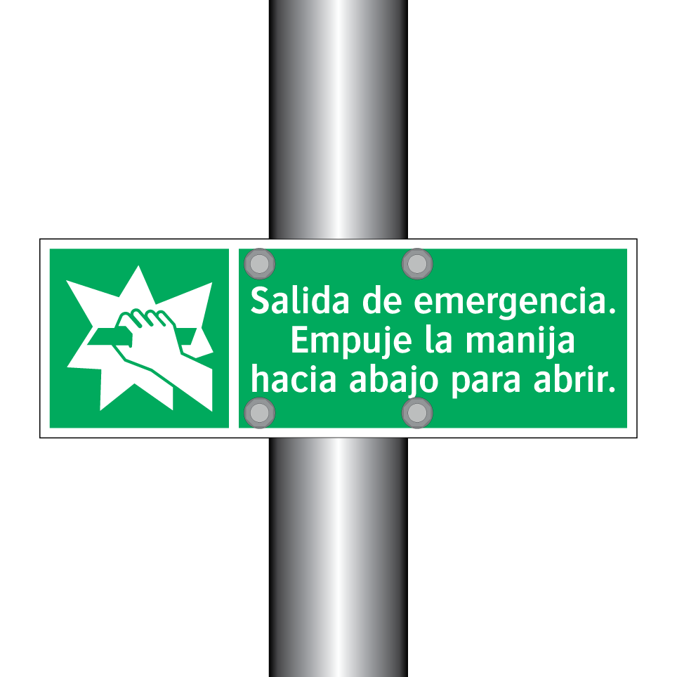 Salida de emergencia. Empuje la manija hacia abajo para abrir.
