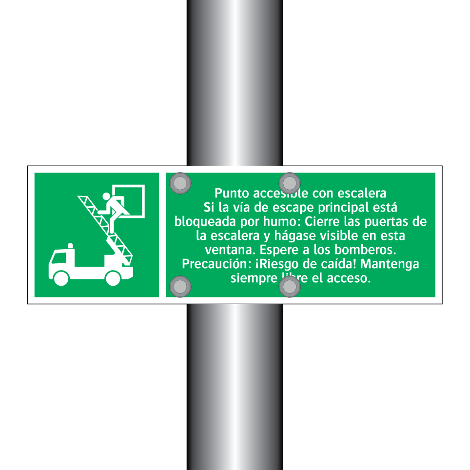 Punto accesible con escalera Si la vía de escape principal está bloqueada por humo: Cierre las puertas de la escalera y hágase visible en esta ventana. Espere a los bomberos. Precaución: ¡Riesgo de caída! Mantenga siempre libre el acceso.