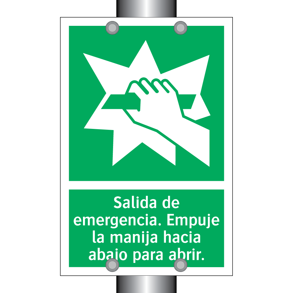 Salida de emergencia. Empuje la manija hacia abajo para abrir.