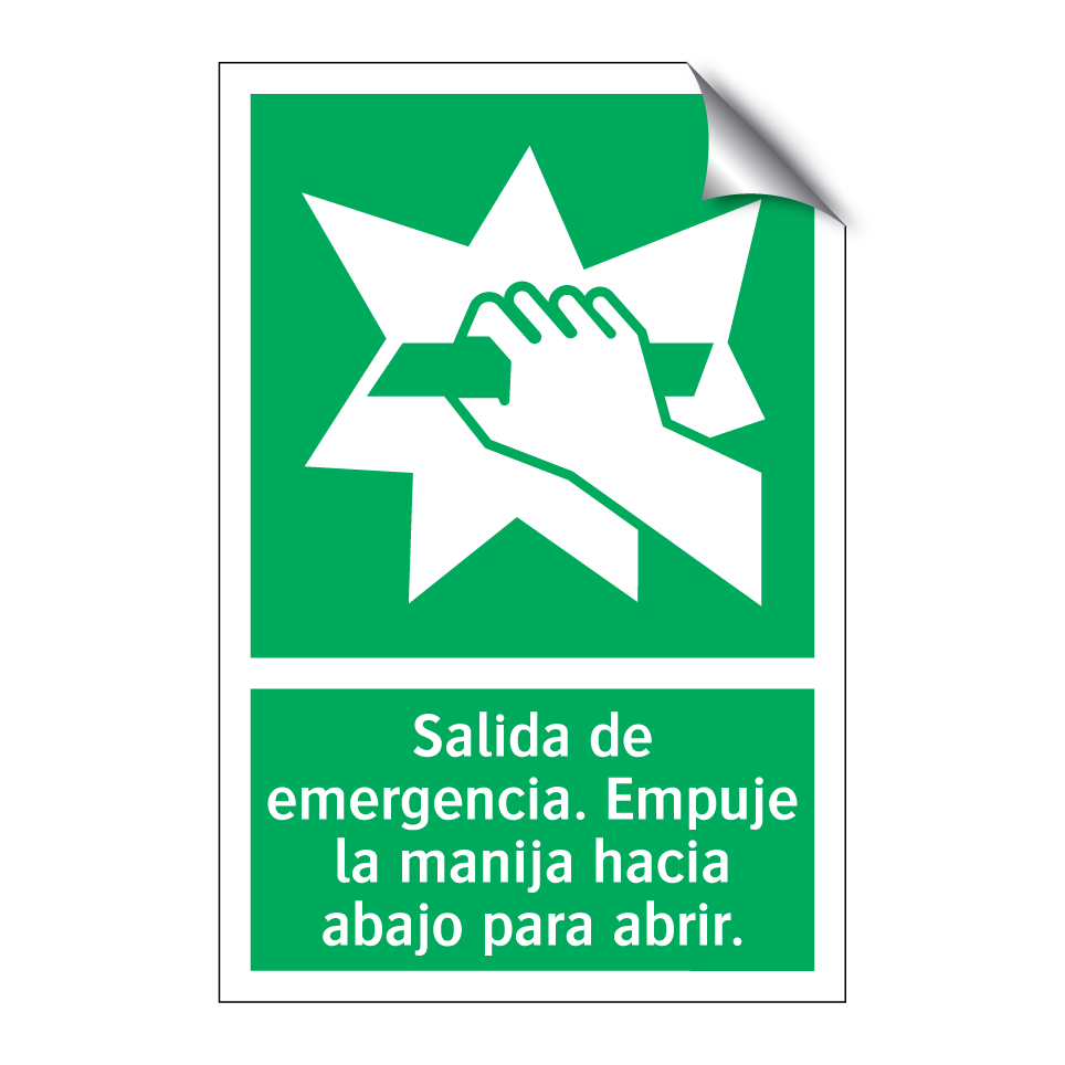 Salida de emergencia. Empuje la manija hacia abajo para abrir.