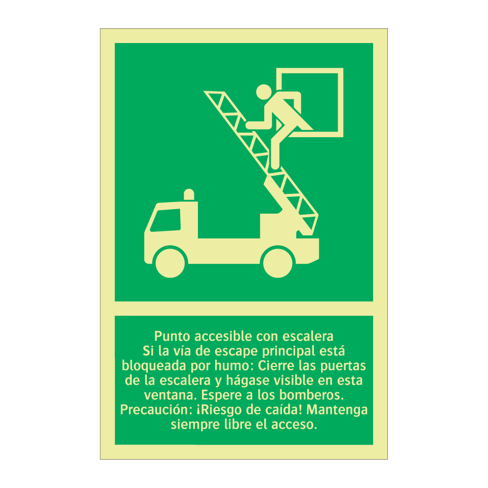 Punto accesible con escalera Si la vía de escape principal está bloqueada por humo: Cierre las puertas de la escalera y hágase visible en esta ventana. Espere a los bomberos. Precaución: ¡Riesgo de caída! Mantenga siempre libre el acceso.