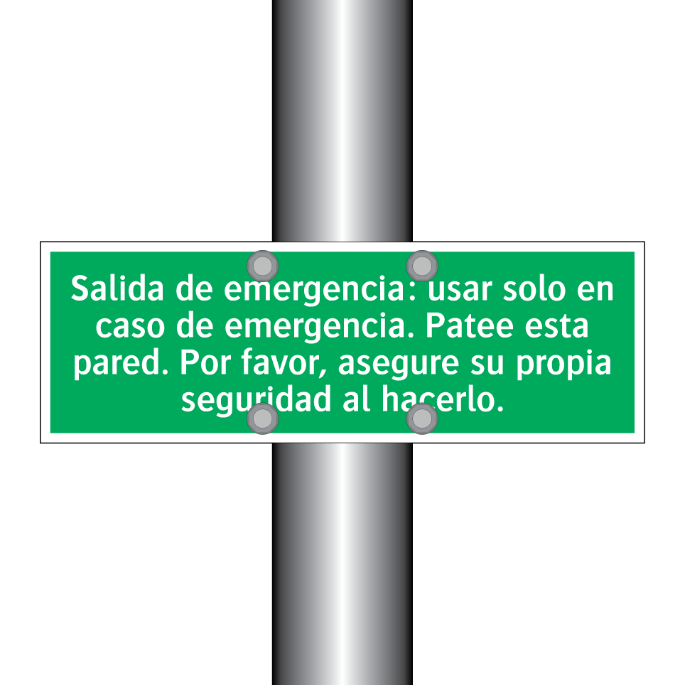 Salida de emergencia: usar solo en caso de emergencia. Patee esta pared. Por favor, asegure su propia seguridad al hacerlo.