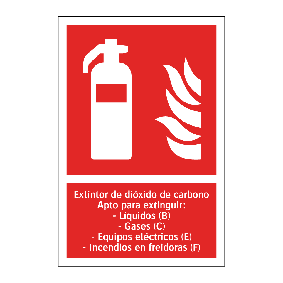 Extintor de dióxido de carbono Apto para extinguir: - Líquidos (B) - Gases (C) - Equipos eléctricos (E) - Incendios en freidoras (F)