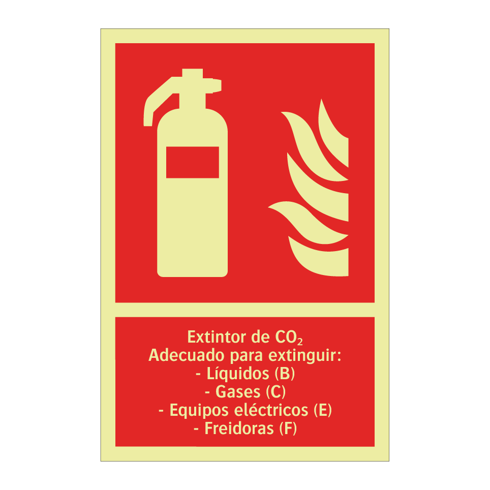 Extintor de CO₂ Adecuado para extinguir: - Líquidos (B) - Gases (C) - Equipos eléctricos (E) - Freidoras (F)