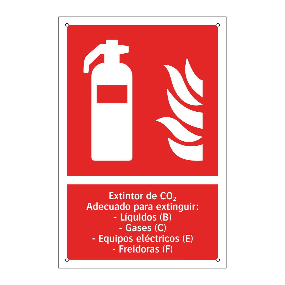 Extintor de CO₂ Adecuado para extinguir: - Líquidos (B) - Gases (C) - Equipos eléctricos (E) - Freidoras (F)