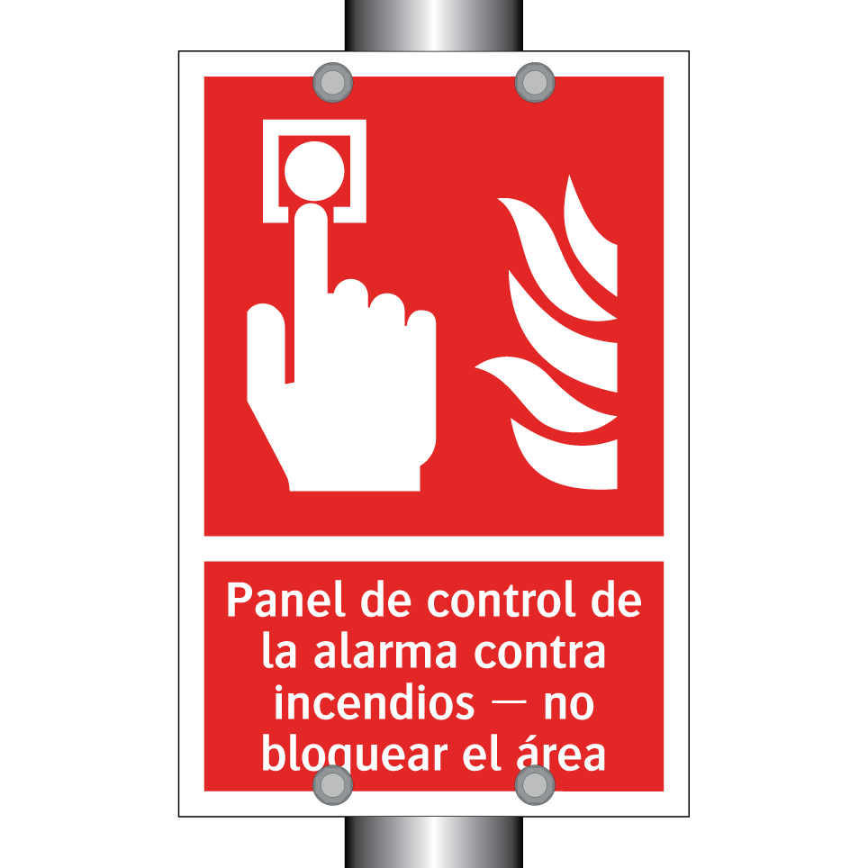 Panel de control de la alarma contra incendios — no bloquear el área