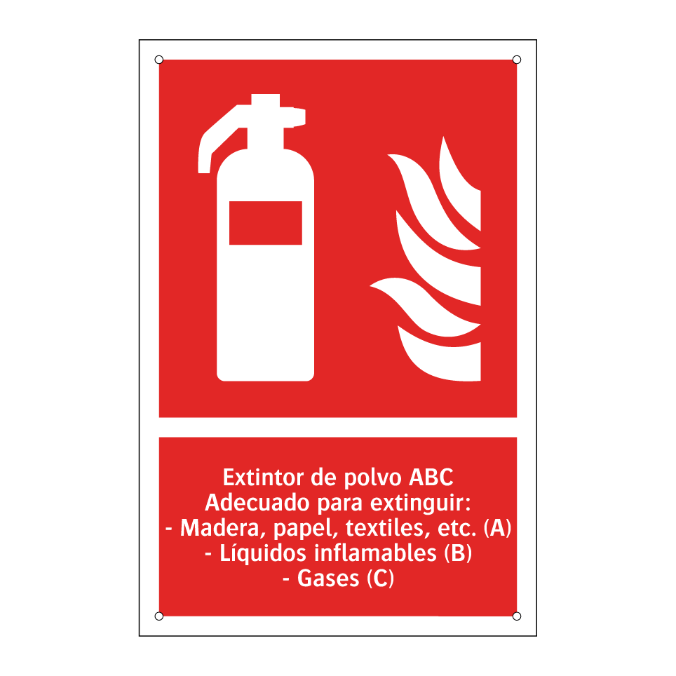 Extintor de polvo ABC Adecuado para extinguir: - Madera, papel, textiles, etc. (A) - Líquidos inflamables (B) - Gases (C)