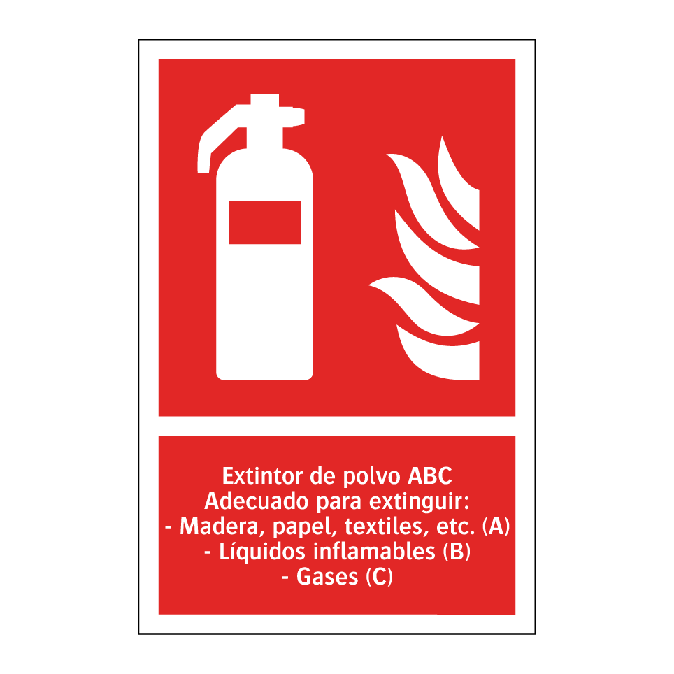 Extintor de polvo ABC Adecuado para extinguir: - Madera, papel, textiles, etc. (A) - Líquidos inflamables (B) - Gases (C)