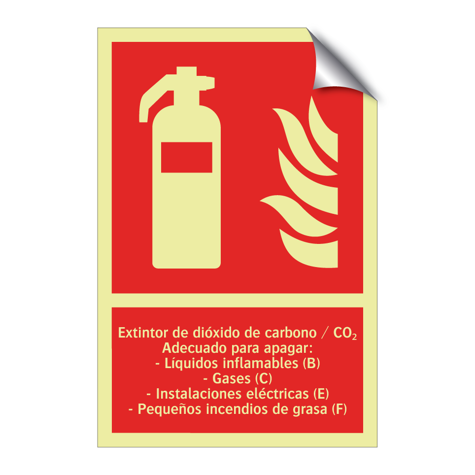 Extintor de dióxido de carbono / CO₂ Adecuado para apagar: - Líquidos inflamables (B) - Gases (C) - Instalaciones eléctricas (E) - Pequeños incendios de grasa (F)