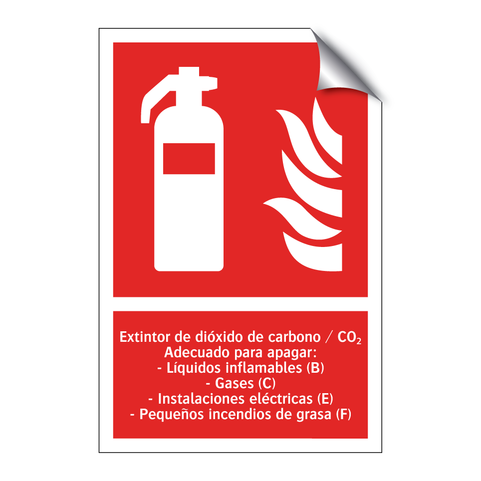 Extintor de dióxido de carbono / CO₂ Adecuado para apagar: - Líquidos inflamables (B) - Gases (C) - Instalaciones eléctricas (E) - Pequeños incendios de grasa (F)