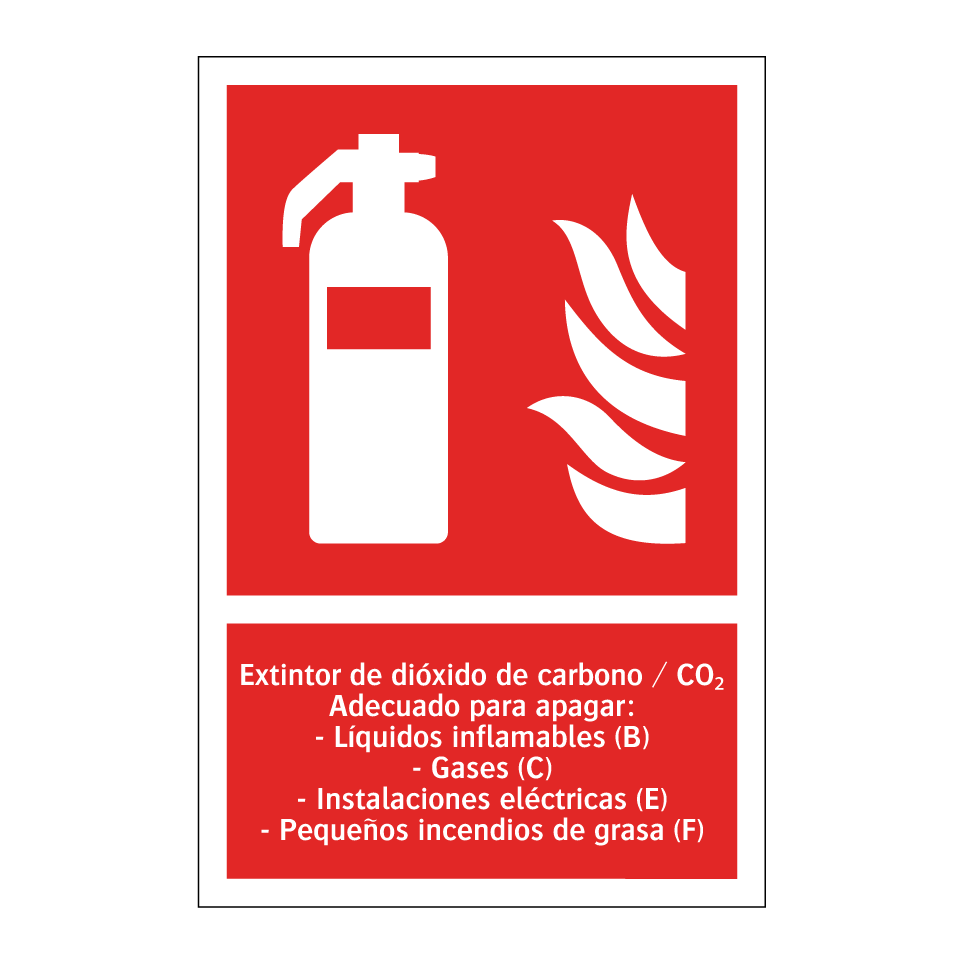 Extintor de dióxido de carbono / CO₂ Adecuado para apagar: - Líquidos inflamables (B) - Gases (C) - Instalaciones eléctricas (E) - Pequeños incendios de grasa (F)