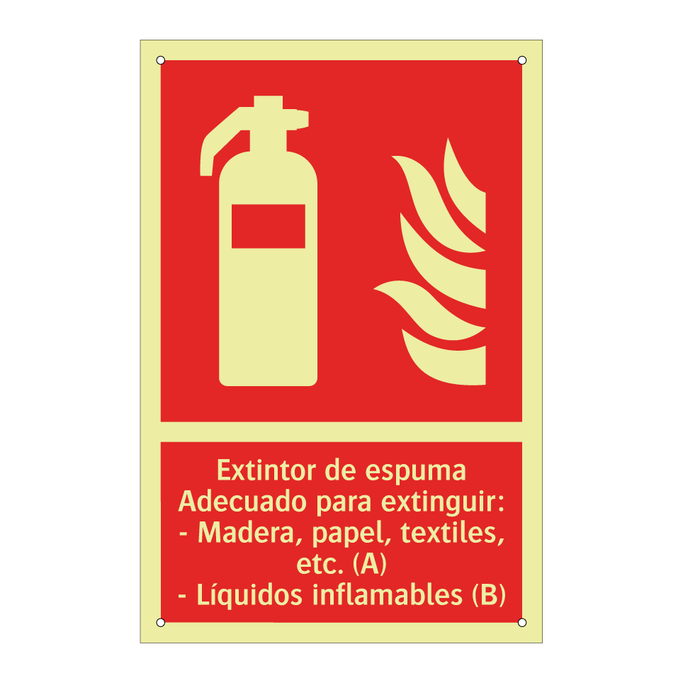 Extintor de espuma Adecuado para extinguir: - Madera, papel, textiles, etc. (A) - Líquidos inflamables (B)