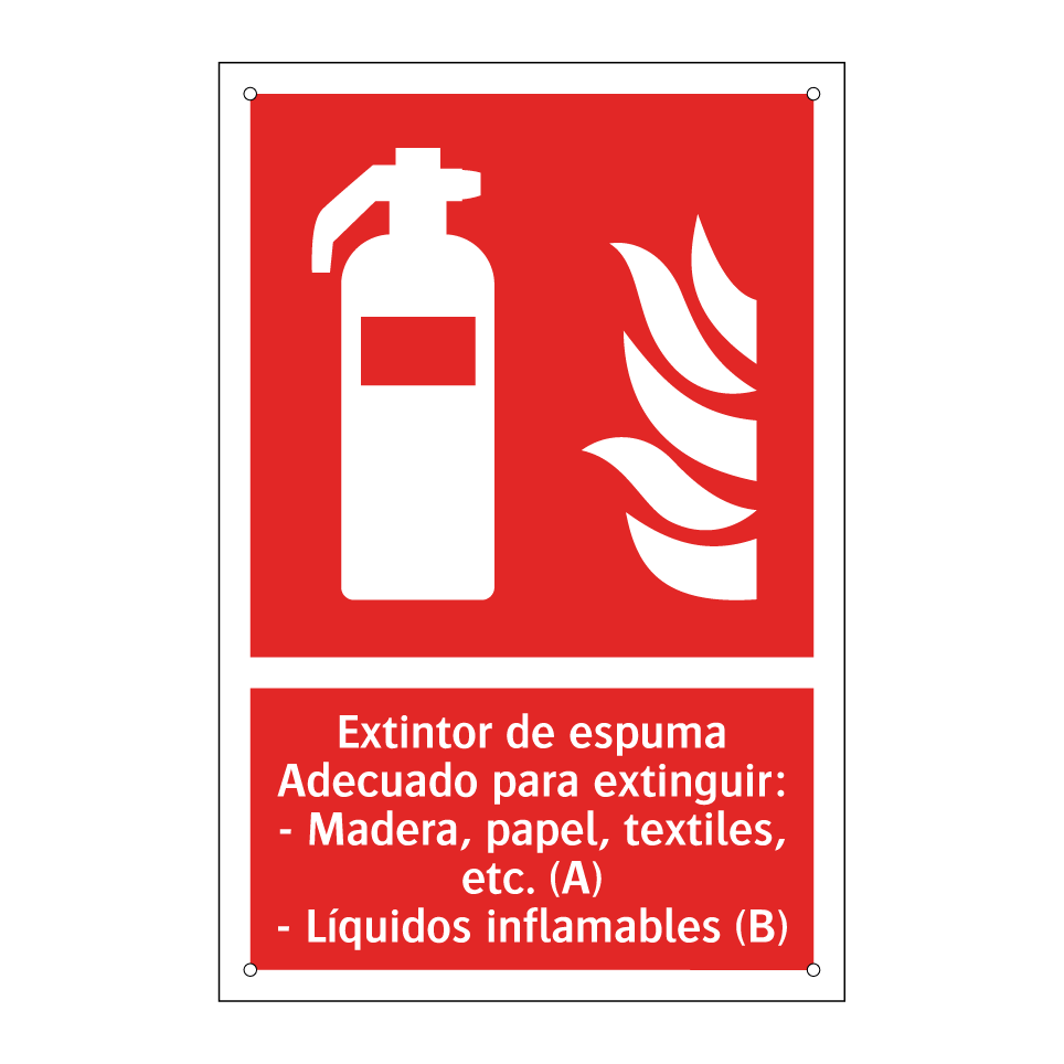 Extintor de espuma Adecuado para extinguir: - Madera, papel, textiles, etc. (A) - Líquidos inflamables (B)