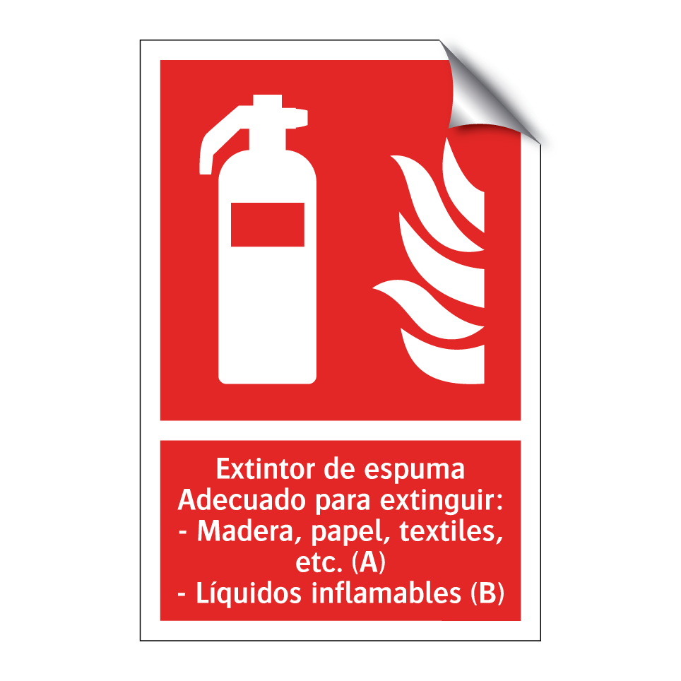 Extintor de espuma Adecuado para extinguir: - Madera, papel, textiles, etc. (A) - Líquidos inflamables (B)