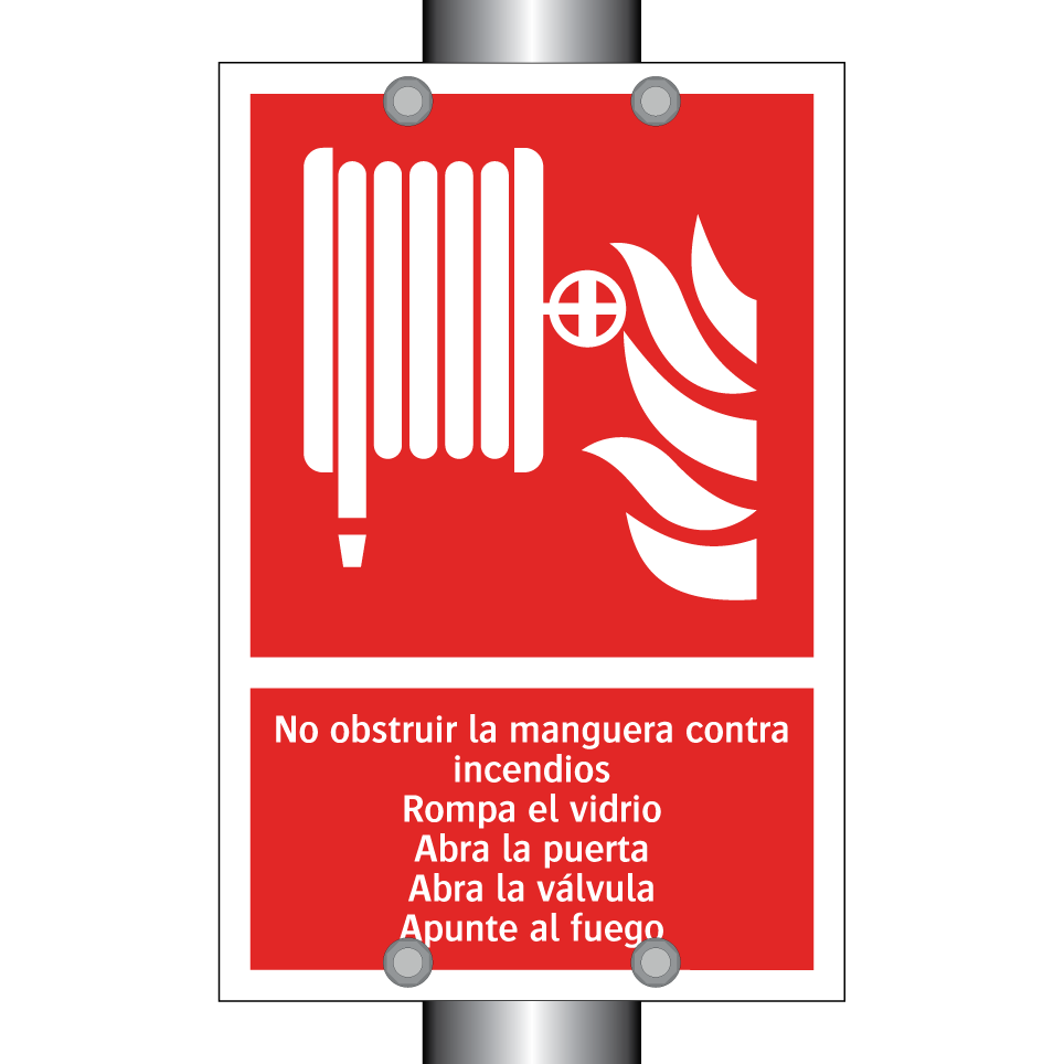 No obstruir la manguera contra incendios Rompa el vidrio Abra la puerta Abra la válvula Apunte al fuego