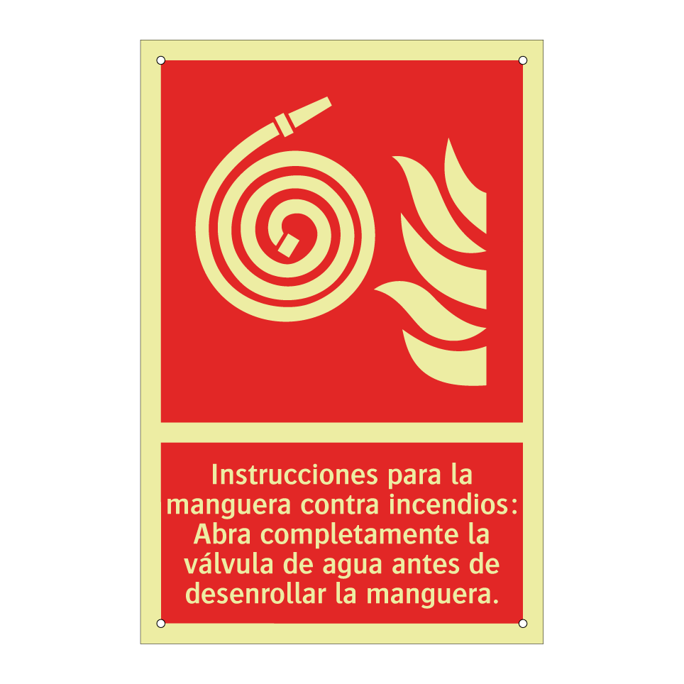 Instrucciones para la manguera contra incendios: Abra completamente la válvula de agua antes de desenrollar la manguera.
