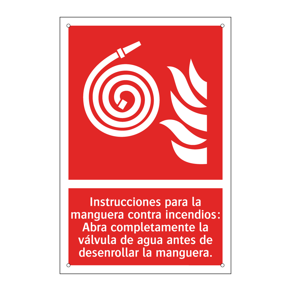 Instrucciones para la manguera contra incendios: Abra completamente la válvula de agua antes de desenrollar la manguera.