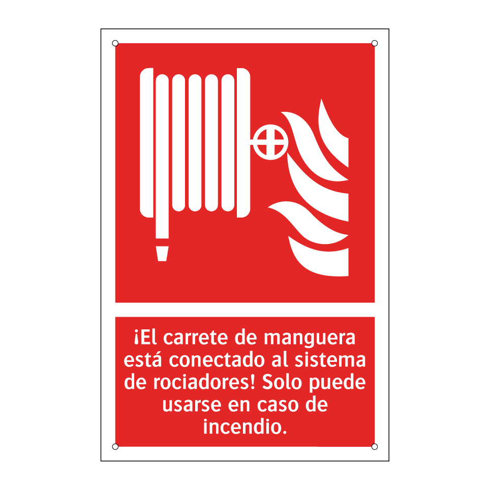 ¡El carrete de manguera está conectado al sistema de rociadores! Solo puede usarse en caso de incendio.