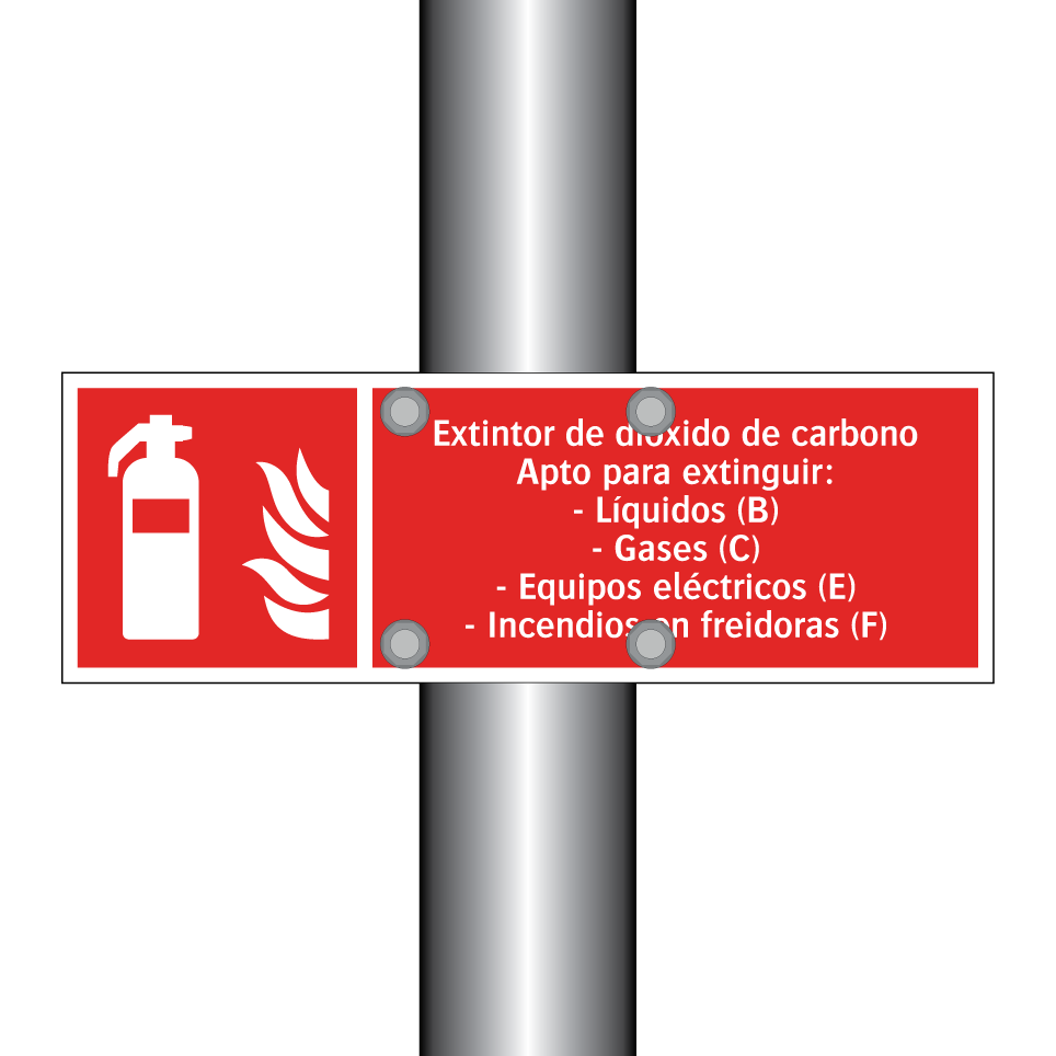 Extintor de dióxido de carbono Apto para extinguir: - Líquidos (B) - Gases (C) - Equipos eléctricos (E) - Incendios en freidoras (F)