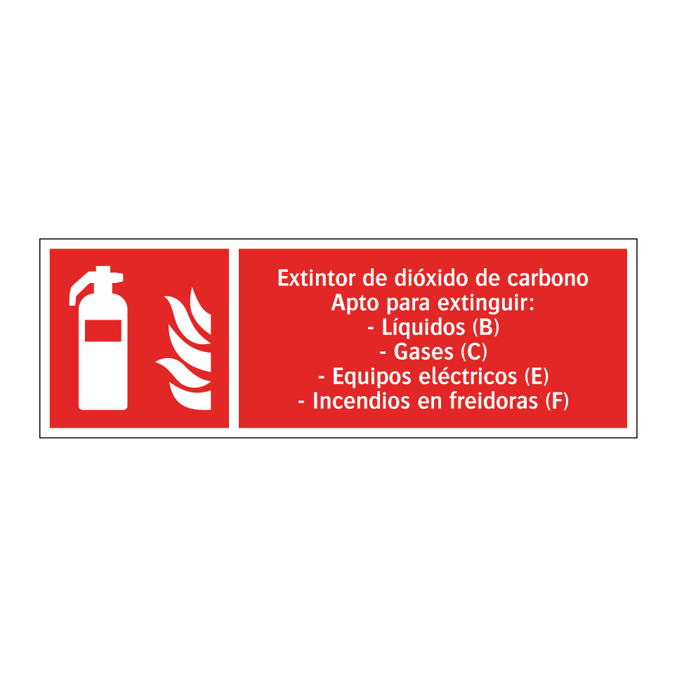 Extintor de dióxido de carbono Apto para extinguir: - Líquidos (B) - Gases (C) - Equipos eléctricos (E) - Incendios en freidoras (F)