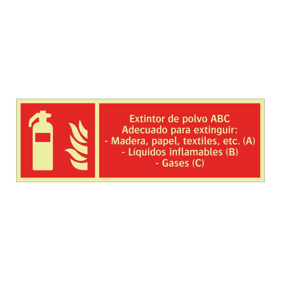 Extintor de polvo ABC Adecuado para extinguir: - Madera, papel, textiles, etc. (A) - Líquidos inflamables (B) - Gases (C)