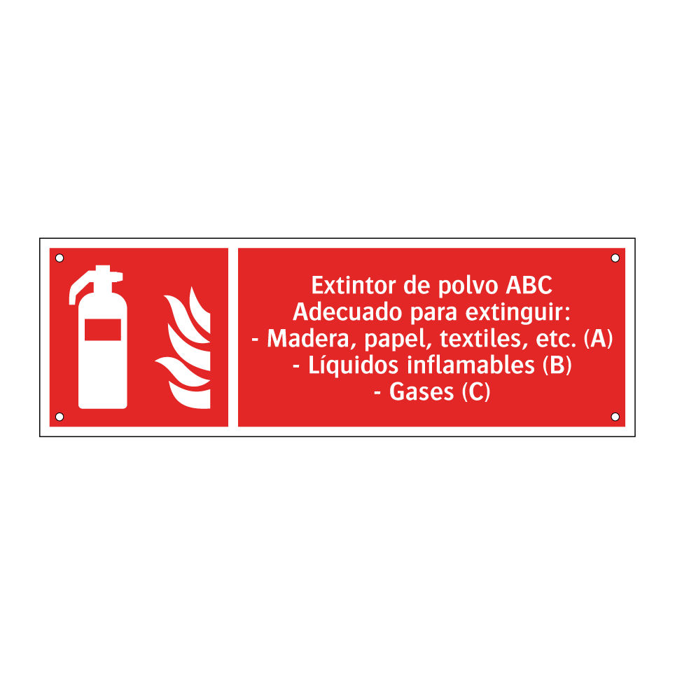 Extintor de polvo ABC Adecuado para extinguir: - Madera, papel, textiles, etc. (A) - Líquidos inflamables (B) - Gases (C)
