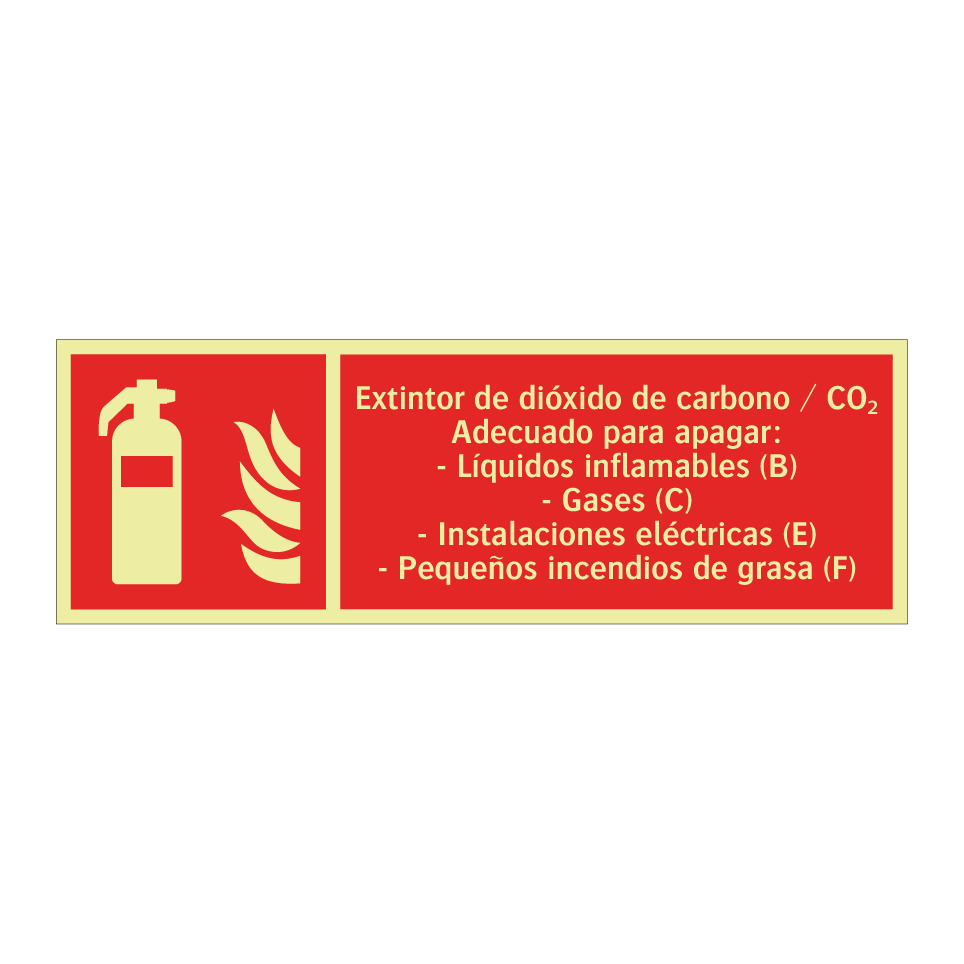 Extintor de dióxido de carbono / CO₂ Adecuado para apagar: - Líquidos inflamables (B) - Gases (C) - Instalaciones eléctricas (E) - Pequeños incendios de grasa (F)