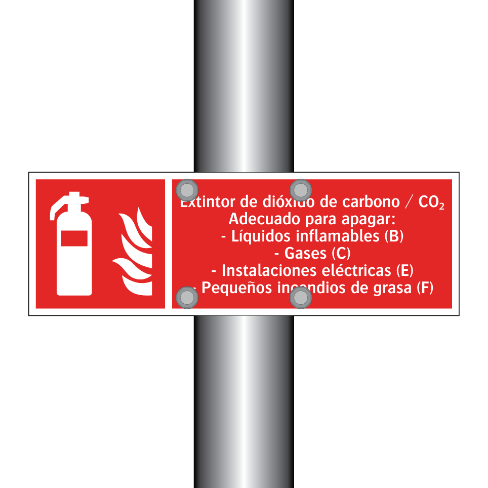 Extintor de dióxido de carbono / CO₂ Adecuado para apagar: - Líquidos inflamables (B) - Gases (C) - Instalaciones eléctricas (E) - Pequeños incendios de grasa (F)