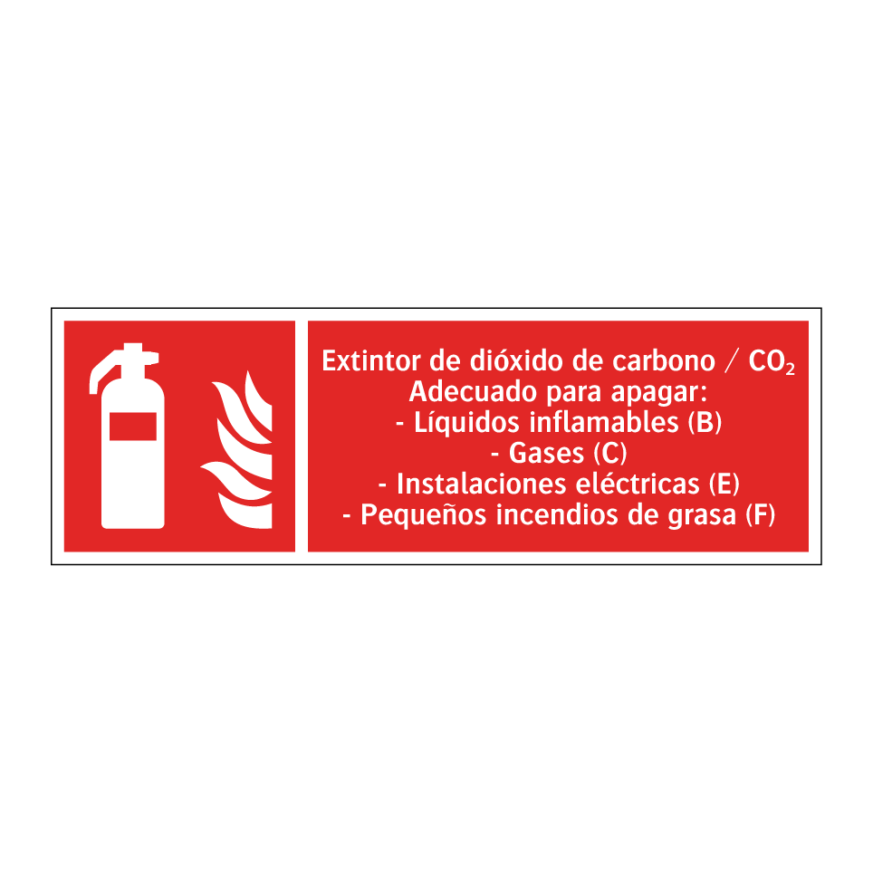 Extintor de dióxido de carbono / CO₂ Adecuado para apagar: - Líquidos inflamables (B) - Gases (C) - Instalaciones eléctricas (E) - Pequeños incendios de grasa (F)