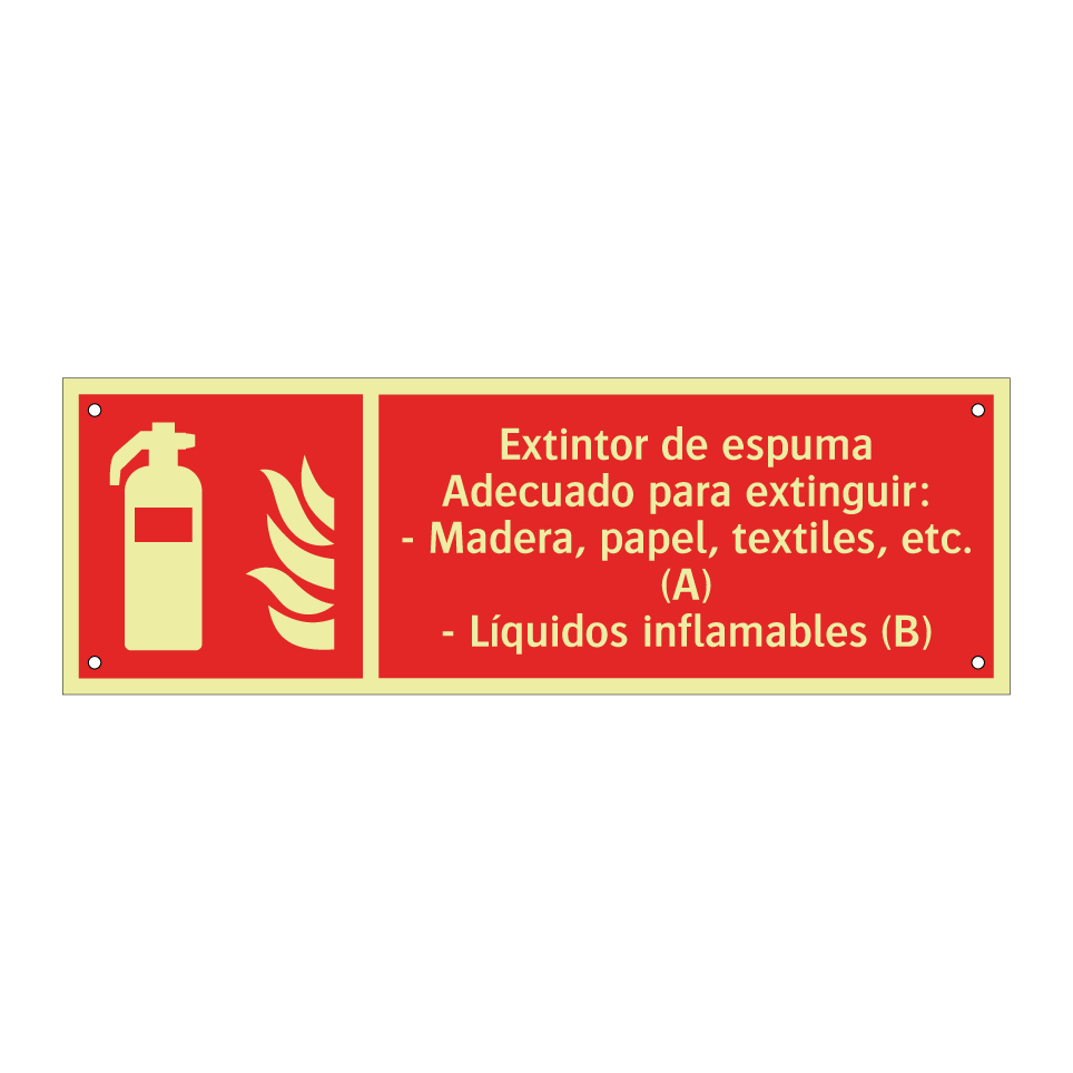 Extintor de espuma Adecuado para extinguir: - Madera, papel, textiles, etc. (A) - Líquidos inflamables (B)