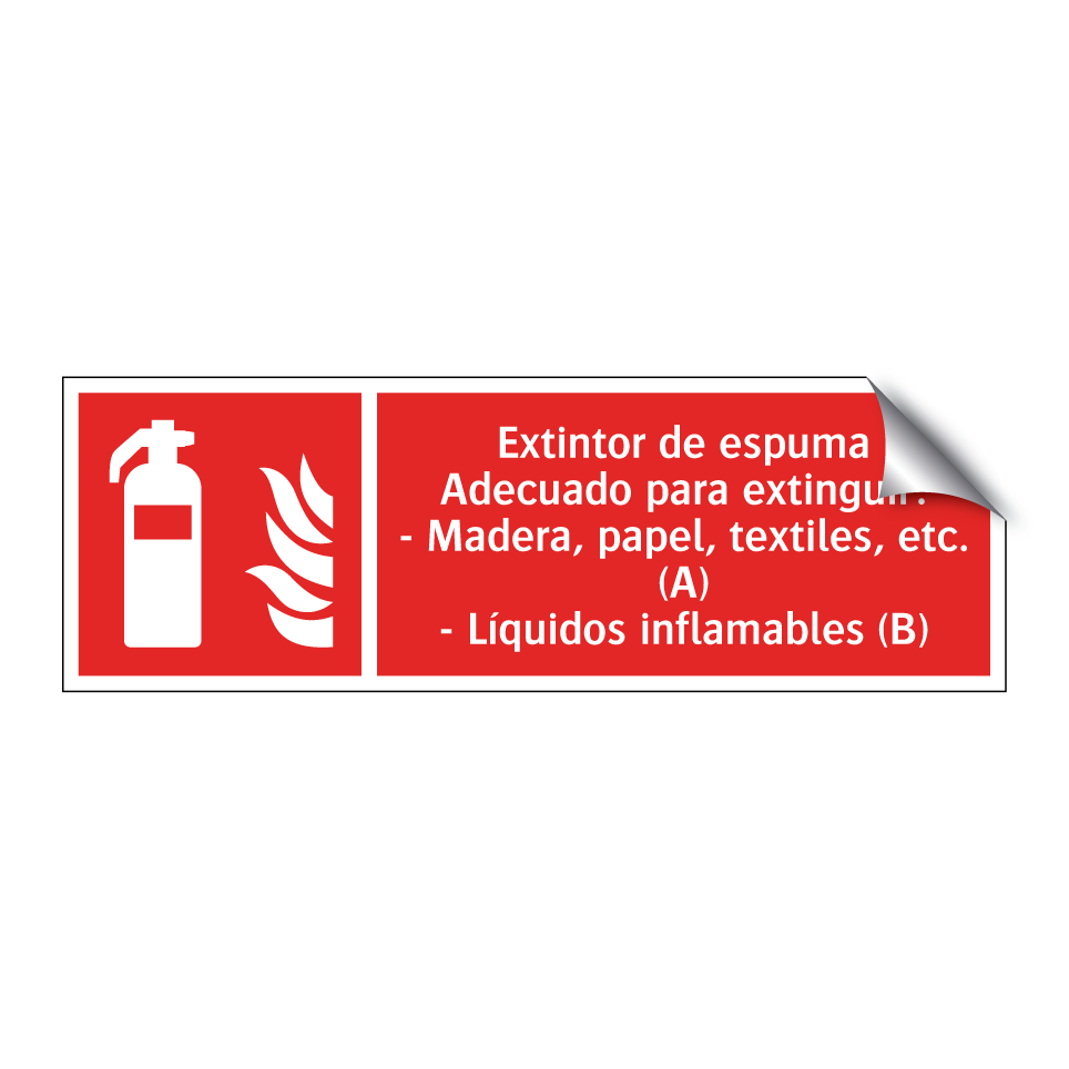 Extintor de espuma Adecuado para extinguir: - Madera, papel, textiles, etc. (A) - Líquidos inflamables (B)