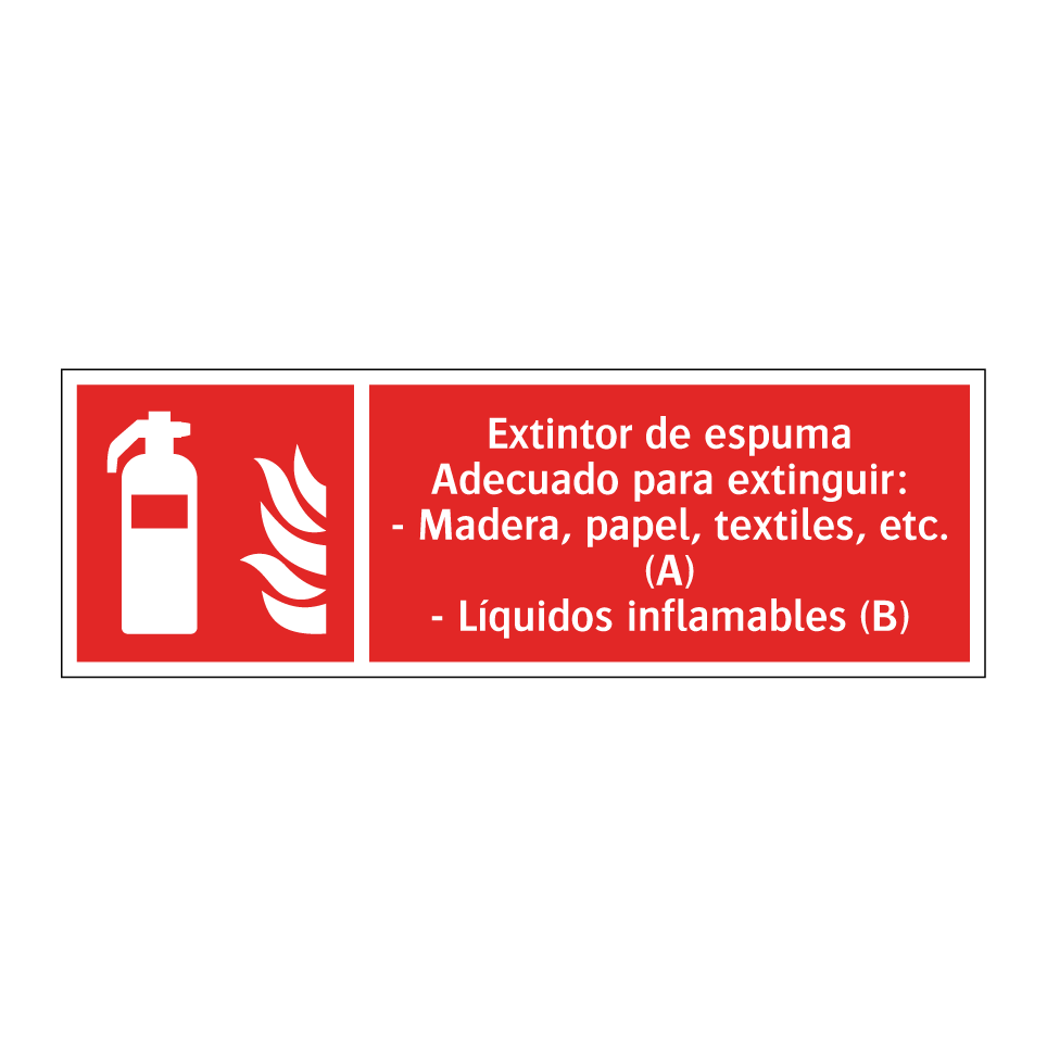 Extintor de espuma Adecuado para extinguir: - Madera, papel, textiles, etc. (A) - Líquidos inflamables (B)