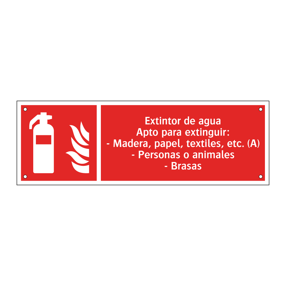 Extintor de agua Apto para extinguir: - Madera, papel, textiles, etc. (A) - Personas o animales - Brasas
