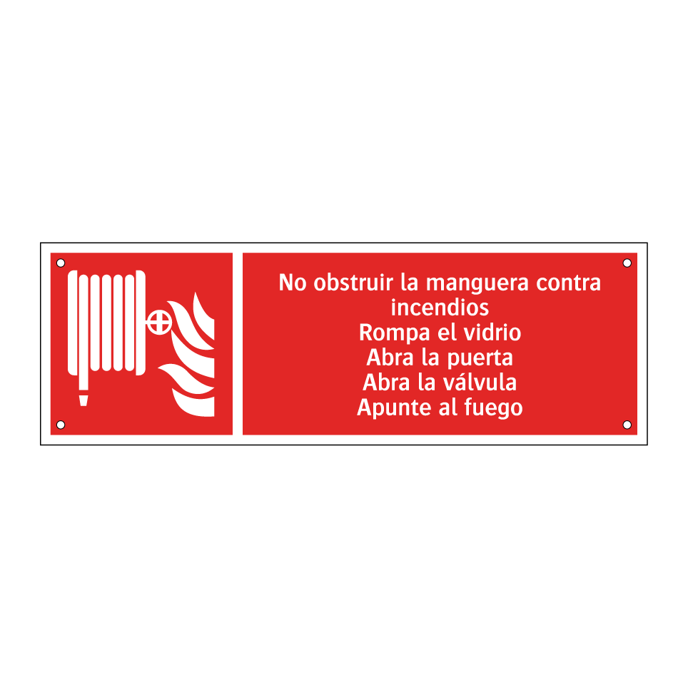 No obstruir la manguera contra incendios Rompa el vidrio Abra la puerta Abra la válvula Apunte al fuego