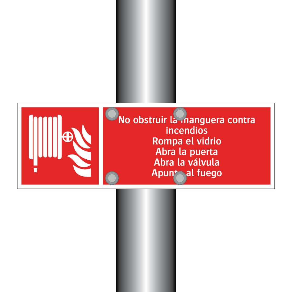 No obstruir la manguera contra incendios Rompa el vidrio Abra la puerta Abra la válvula Apunte al fuego