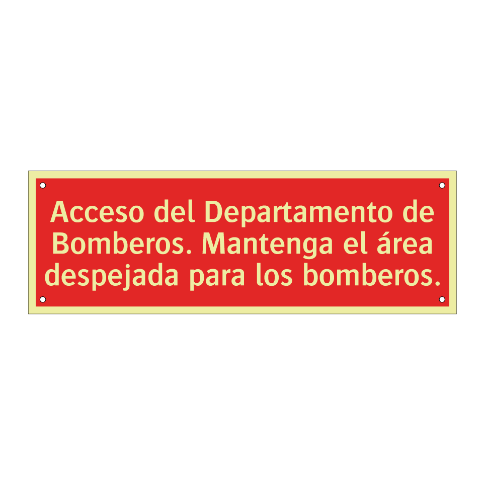 Acceso del Departamento de Bomberos. Mantenga el área despejada para los bomberos.