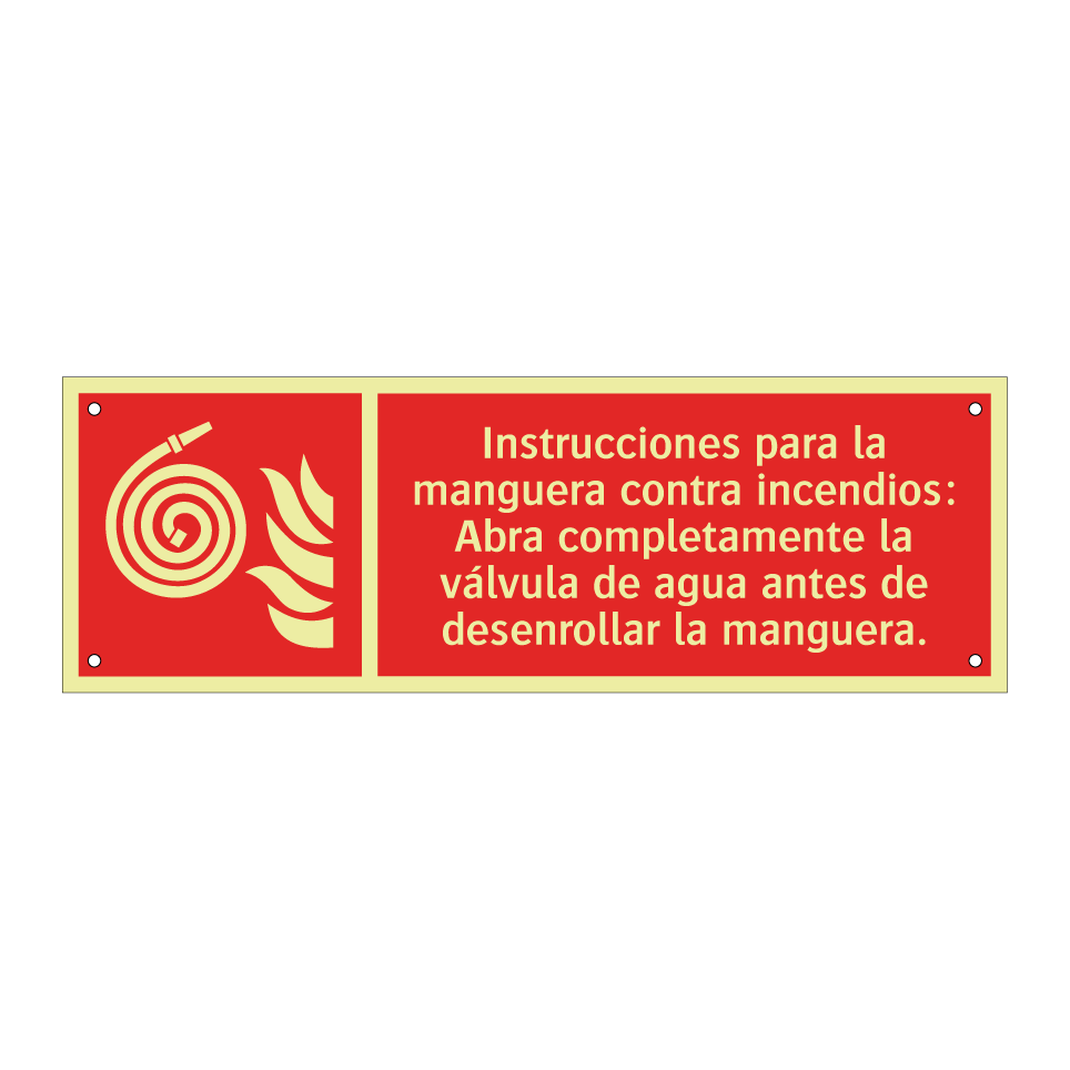 Instrucciones para la manguera contra incendios: Abra completamente la válvula de agua antes de desenrollar la manguera.