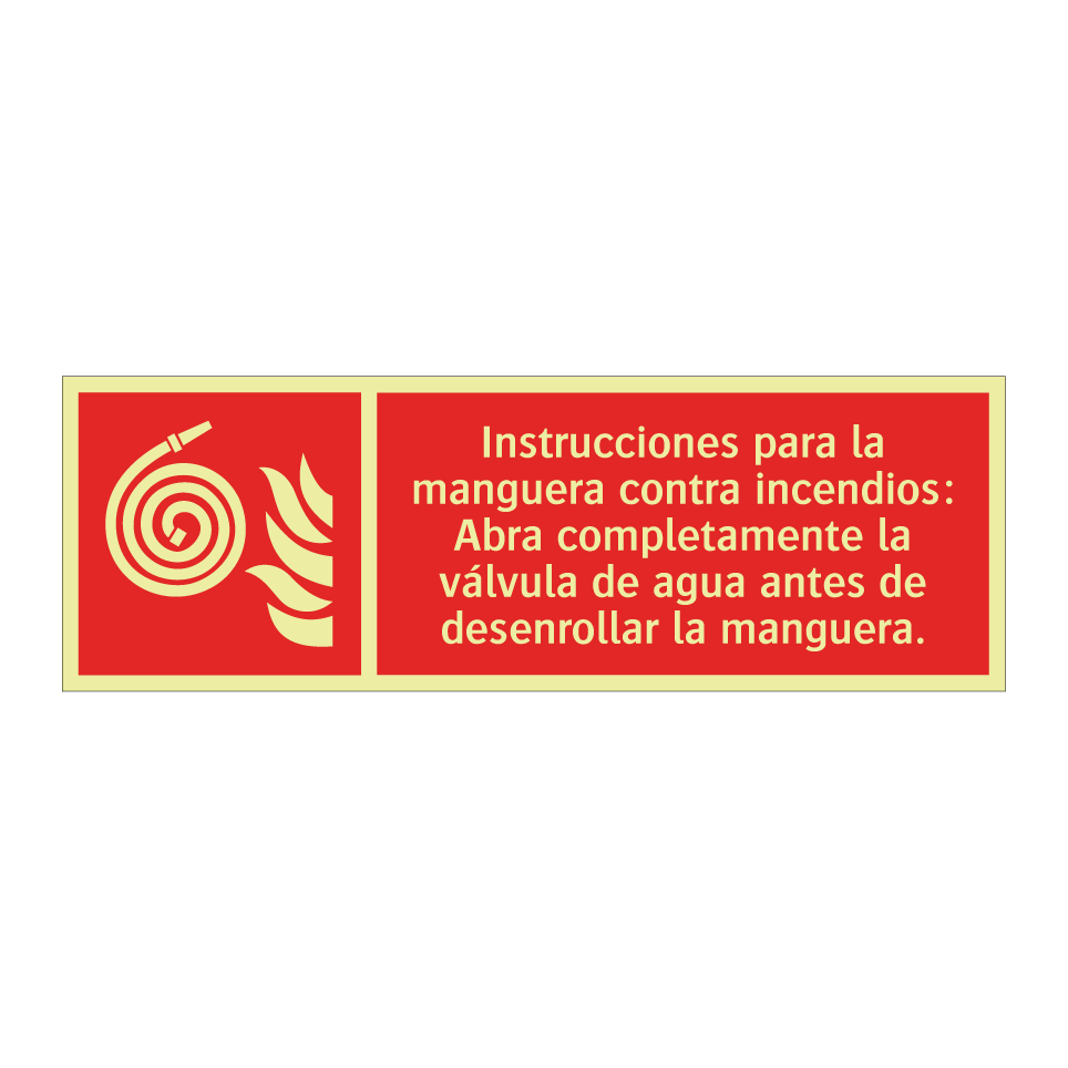 Instrucciones para la manguera contra incendios: Abra completamente la válvula de agua antes de desenrollar la manguera.