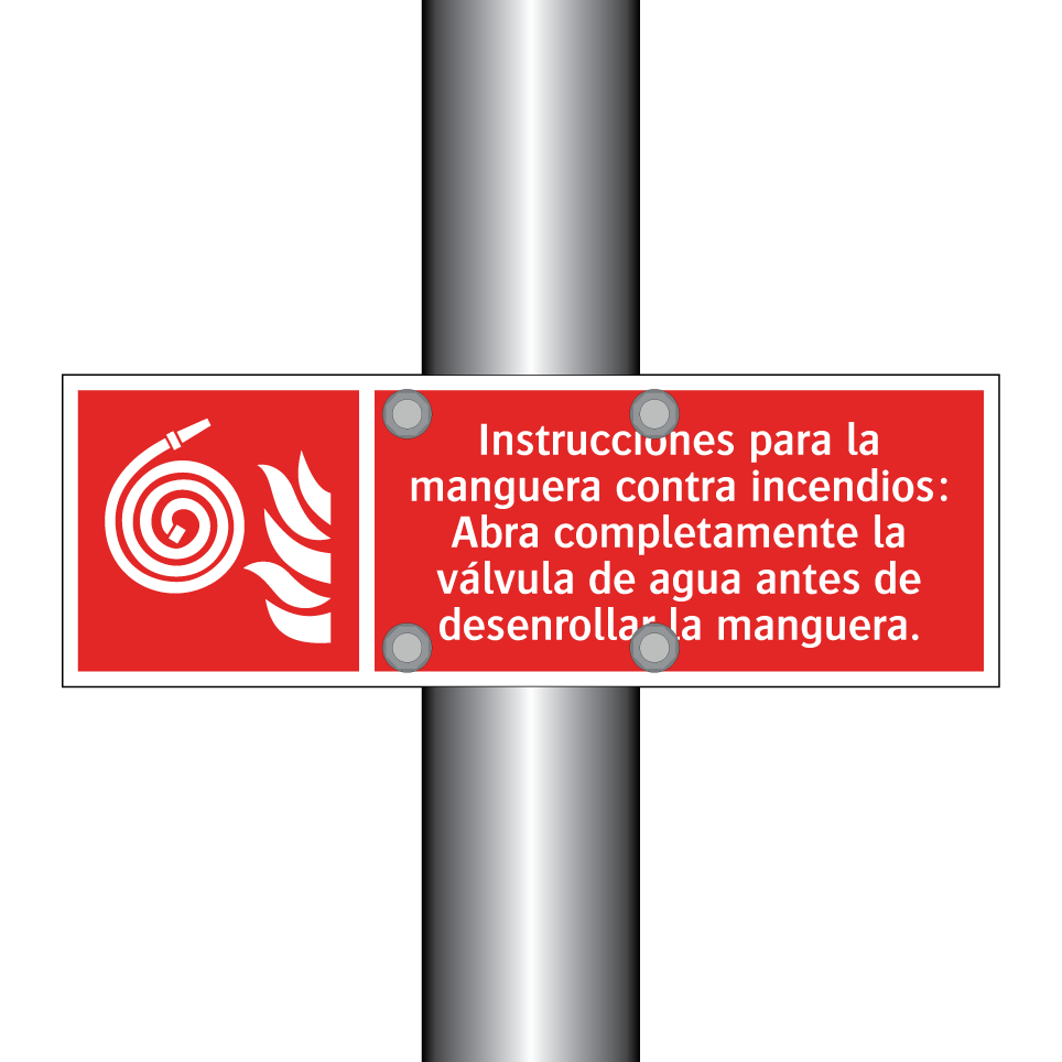 Instrucciones para la manguera contra incendios: Abra completamente la válvula de agua antes de desenrollar la manguera.